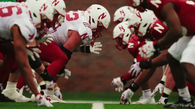 Ben Scott center offensive line practice spring 2023 Nebraska football